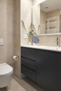 ein Badezimmer mit Toilette, Waschbecken und Spiegel in der Unterkunft Nautiko by FeelFree Rentals in San Sebastián