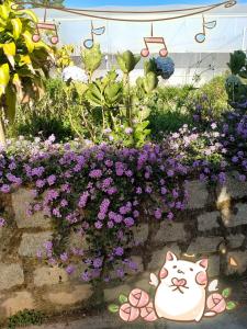 un bouquet de fleurs violettes avec un chat au milieu dans l'établissement Chocolate Home, à Đà Lạt