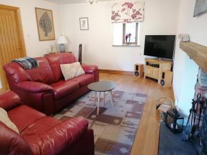 a living room with a red leather couch and a television at Sunnyside House in Gardenstown