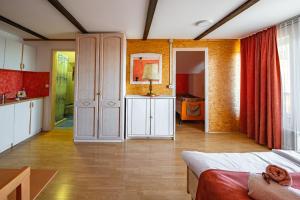 une chambre avec une cuisine et une chambre avec un lit dans l'établissement Slovenian Traditional Guest House, à Begunje na Gorenjskem