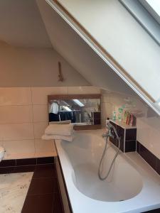 a bathroom with a bath tub and a sink at Tannenhaus Hohen Mistorf in Alt Sührkow