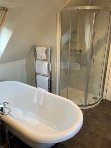 a bathroom with a shower and a white sink at Kingfisher Cottage, Port o Tay in Pitlochry