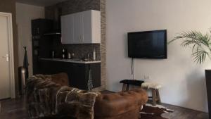 uma sala de estar com um sofá e uma televisão de ecrã plano em Prinsenstraat 8 em Groningen