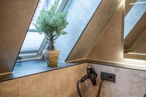 a bathroom sink with a faucet and a potted plant at Boutique Hotel Melchers in Vechta +129 photos