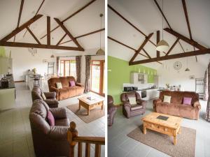 two images of a living room and a kitchen at 2 Beacon View Barn in Felindre