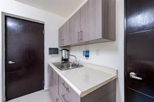 cocina con fregadero y puerta negra en Ayenda Suites Ejecutivas Monterrey en Monterrey