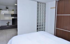 1 dormitorio con 1 cama y puerta corredera en Departamentos C&G, en Madrid