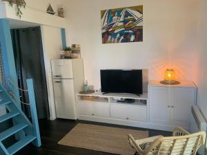 ein Wohnzimmer mit einem TV und einem Kühlschrank in der Unterkunft Maison vacances résidence privée Piscine Loupian-Mèze in Loupian