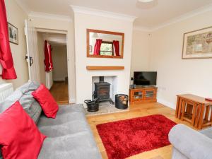 a living room with a couch and a fire place at Penlon in Aberystwyth