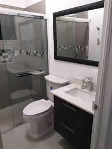 a bathroom with a toilet and a sink and a shower at Meadows Place in Montego Bay