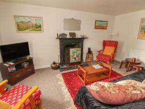 sala de estar con chimenea y TV en Limestone Cottage en Ennis