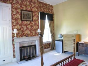 sala de estar con chimenea y ventana en Allegheny Street Bed & Breakfast, en Hollidaysburg