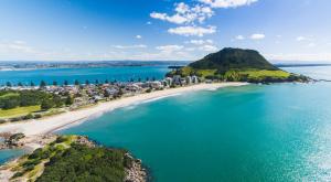 an aerial view of a beach with buildings and the ocean at Beaumont Apartments in Mount Maunganui