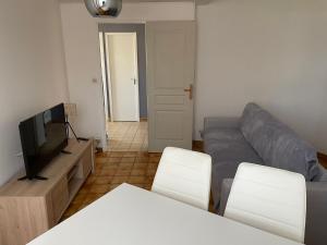 een woonkamer met een bank en een tv bij Charmant T2 au 1er dans résidence avec parc arboré in Saint-Pierre-le-Moûtier