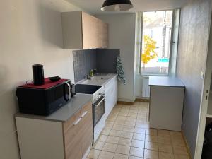 een keuken met een wastafel en een magnetron op een aanrecht bij Charmant T2 au 1er dans résidence avec parc arboré in Saint-Pierre-le-Moûtier