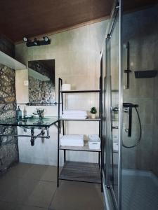 ein Bad mit einer Dusche und einer Glasduschkabine in der Unterkunft Forno House - A Cabana in Vila Praia de Âncora