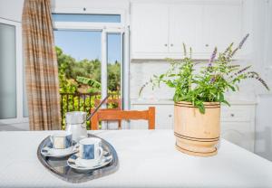 a table with two cups and a potted plant at Tassos & Marios Apartments II in Alikanas +38 photos