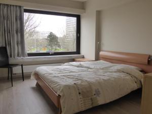 a bedroom with a bed and a large window at Vanden Broeck in Ostend