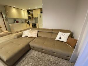 un sofá marrón en una sala de estar con cocina en Sunny apartment, 5min to the sea. Parking. Self check in. en Palanga