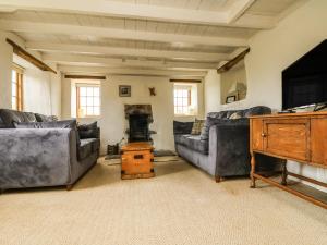 a living room with couches and a tv and a fireplace at Higher Roskorwell Cottage in Helston