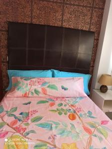 uma cama com um edredão rosa e uma cabeceira preta em Apartamento Teatinos Universidad em Málaga