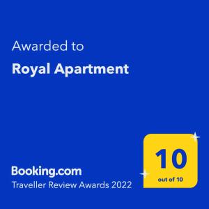 Royal Apartment tesisinde sergilenen bir sertifika, ödül, işaret veya başka bir belge