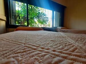 a bedroom with a bed and a window with a view at COYA HOSTEL in Salta