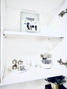Un estante en una cocina con una película. en Apartment Jazz, en Konstancin-Jeziorna