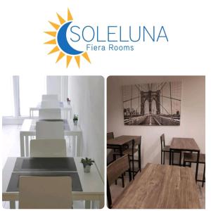 2 Bilder eines Restaurants mit Tisch und Stühlen in der Unterkunft SoleLuna Fiera 6 Rooms in Bologna
