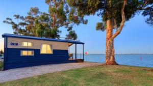 a tiny house next to a tree next to the water at Lake Boga Caravan Park in Lake Boga