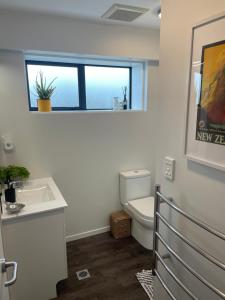 a bathroom with a toilet and a sink and a window at Bealey Avenue Apartment, 2 Bedroom apartment, Central City in Christchurch