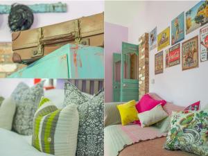 eine Collage mit vier Bildern eines Zimmers mit Kissen in der Unterkunft Lower Barns Guest House in Mevagissey