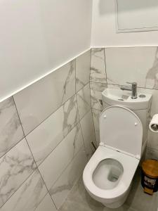 La salle de bains est pourvue de toilettes blanches et d'un lavabo. dans l'établissement WIFI- STADE DE FRANCE- BASILIQUE CATHEDRALE MONSEJOURASAINTDENIS, à Saint-Denis
