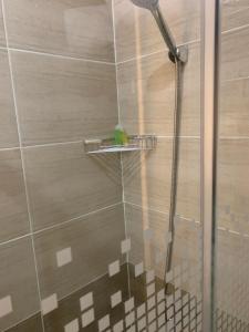 a shower with a glass door next to a shower at Asad Apt. in Wadi Musa