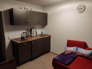 a kitchen with a counter and a red couch in a room at Ferienapartment "Alois" in Sankt Englmar in Sankt Englmar