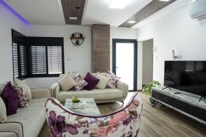 ein Wohnzimmer mit einem Sofa und einem TV in der Unterkunft סוויטות ביתרא החרמון in Mas'ada