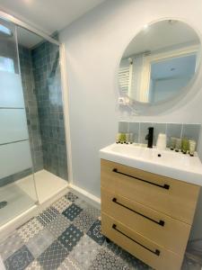een badkamer met een wastafel en een douche met een spiegel bij Appartement renove et moderne L'Eustache in Calais