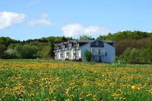 ein Haus inmitten eines Blumenfeldes in der Unterkunft Ferienwohnung Sonnenwiese in Wittenbeck