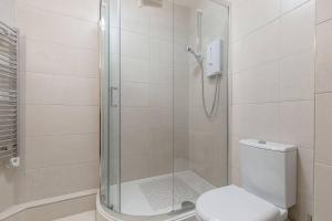 un baño con ducha y WC en Stunning Panoramic Views: Heart of the Royal Mile, en Edimburgo