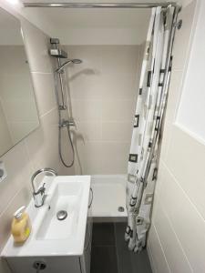 a white bathroom with a shower and a sink at Ferienwohnung Idyll am Weigsdorfer Teich in Cunewalde