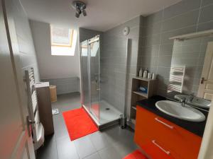 une salle de bain avec lavabo et douche dans l'établissement Appartement duplex de standing au cœur des Pyrénées, à Luchon 24 autres photos