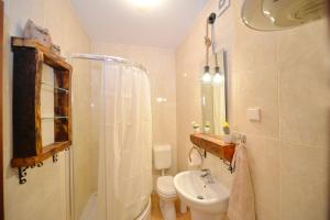 ein Bad mit einem Waschbecken, einem WC und einer Dusche in der Unterkunft Stylish apartment 22 in Kotor