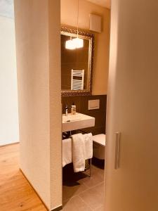 a bathroom with a sink and a mirror at Hotel de l’Ours Preles in Prêles