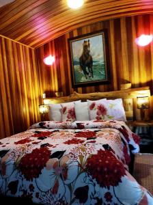 a bedroom with a bed with a horse painting on the wall at Pousada Bella Vista in Visconde De Maua