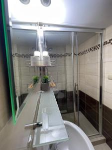 a bathroom with a sink and a shower and a mirror at Sifra 276 in Nová Lesná +53 photos