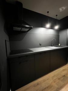 cocina negra con fregadero y encimera en Appartement moderne full black Dunkerque centre, en Dunkerque