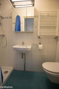 een badkamer met een wastafel, een toilet en een spiegel bij Appartement Walvis nr. 16B in Vrouwenpolder