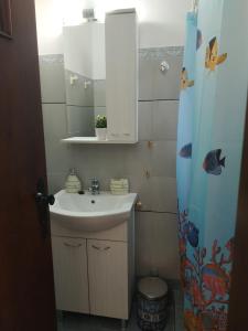 y baño con lavabo, espejo y cortina de ducha. en Παραθαλασσιο στουντιο Μιχαλιας Sea view studio Michalias Νουμερο 8, en Agia Marina Aegina