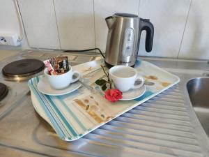 una cafetera y dos tazas en una bandeja en un mostrador en Παραθαλασσιο στουντιο Μιχαλιας Sea view studio Michalias Νουμερο 8, en Agia Marina Aegina