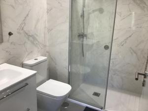 uma casa de banho com um chuveiro, um WC e um lavatório. em Baviera Hills 1a em Málaga